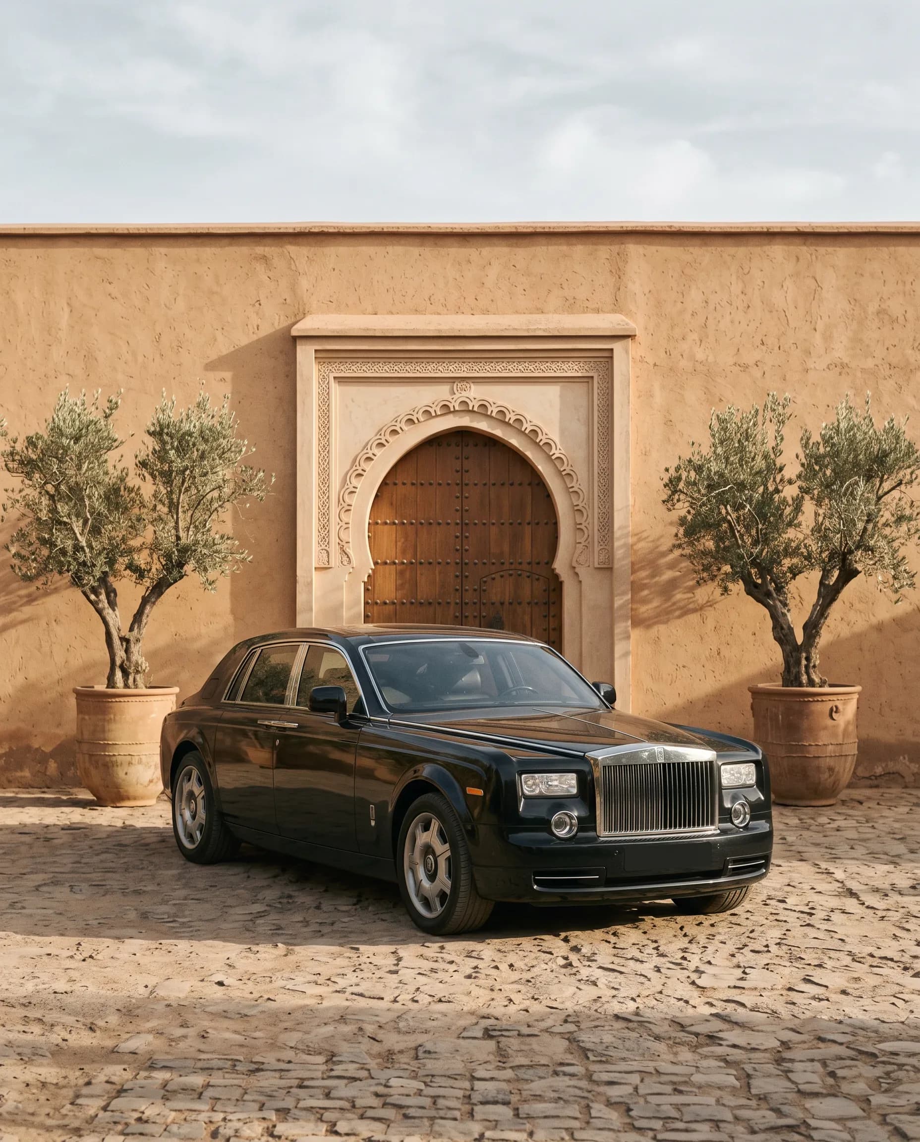 Chauffeur privé en tenue sombre ouvrant la portière d'un Range Rover pour un client à Marrakech